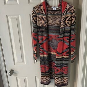 Say What? Aztec long length cardigan with hood